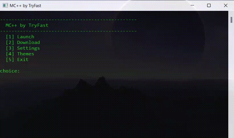 MC++ launcher preview CLI menu with Launch, Download, Settings, Themes, Exit options