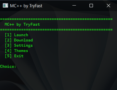 MC++ launcher preview — CLI menu with Launch, Download, Settings, Themes, Exit options
